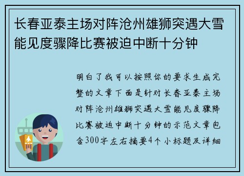 长春亚泰主场对阵沧州雄狮突遇大雪能见度骤降比赛被迫中断十分钟