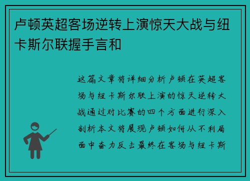 卢顿英超客场逆转上演惊天大战与纽卡斯尔联握手言和 卢顿英超客场逆转上演惊天大战与纽卡斯尔联握手言和